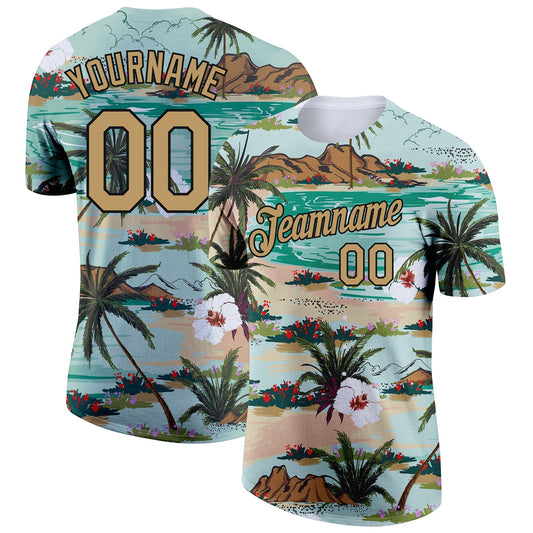Custom Aqua Old Gold-Black 3D Pattern Design Hawaii Palm Trees And Flowers Performance T-Shirt - Main View