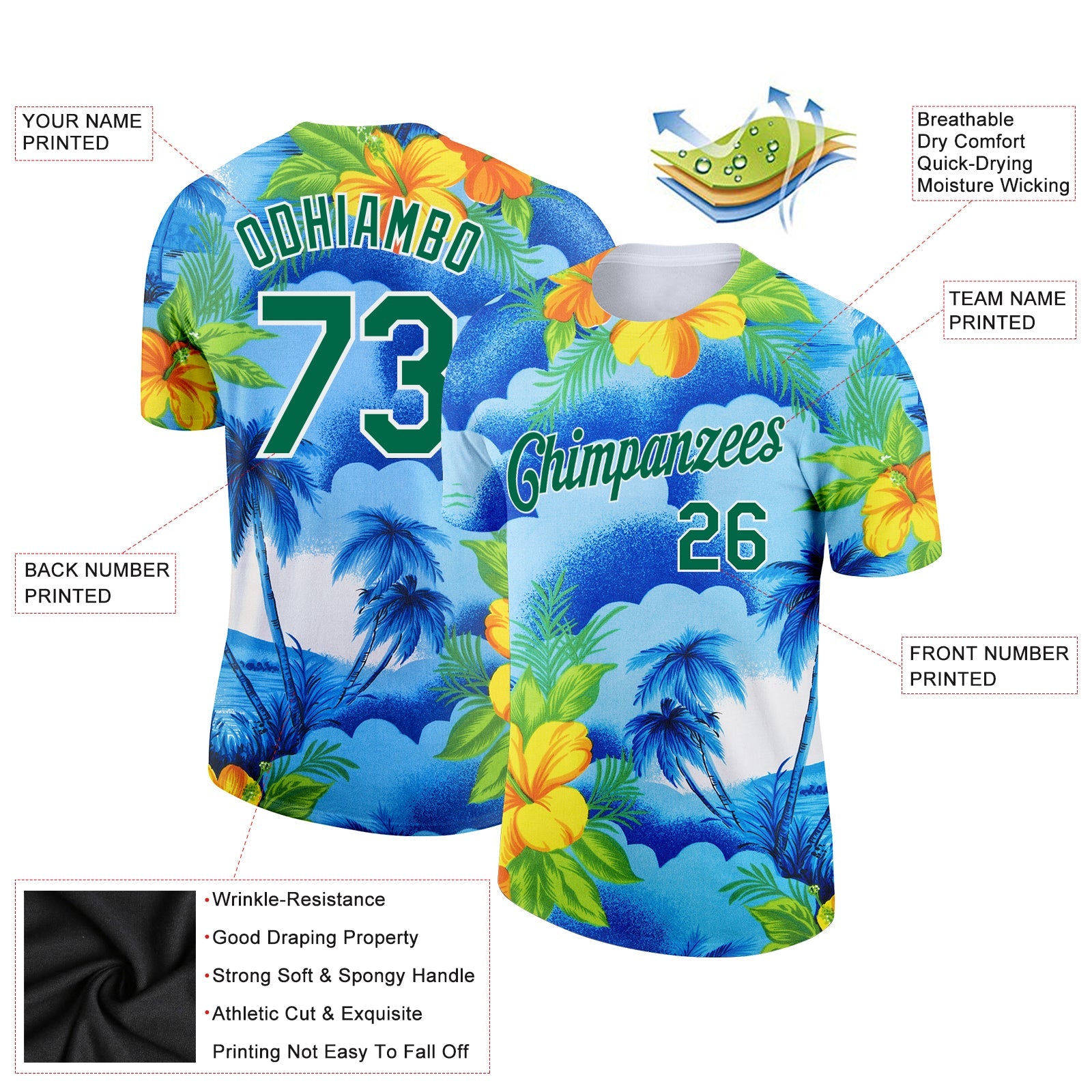 Custom White Kelly Green 3D Pattern Design Beach Hawaii Palm Trees And Flowers Performance T-Shirt view 2