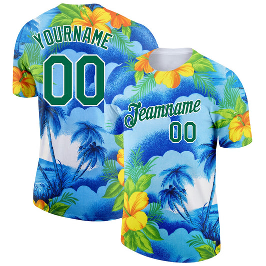 Custom White Kelly Green 3D Pattern Design Beach Hawaii Palm Trees And Flowers Performance T-Shirt - Main View