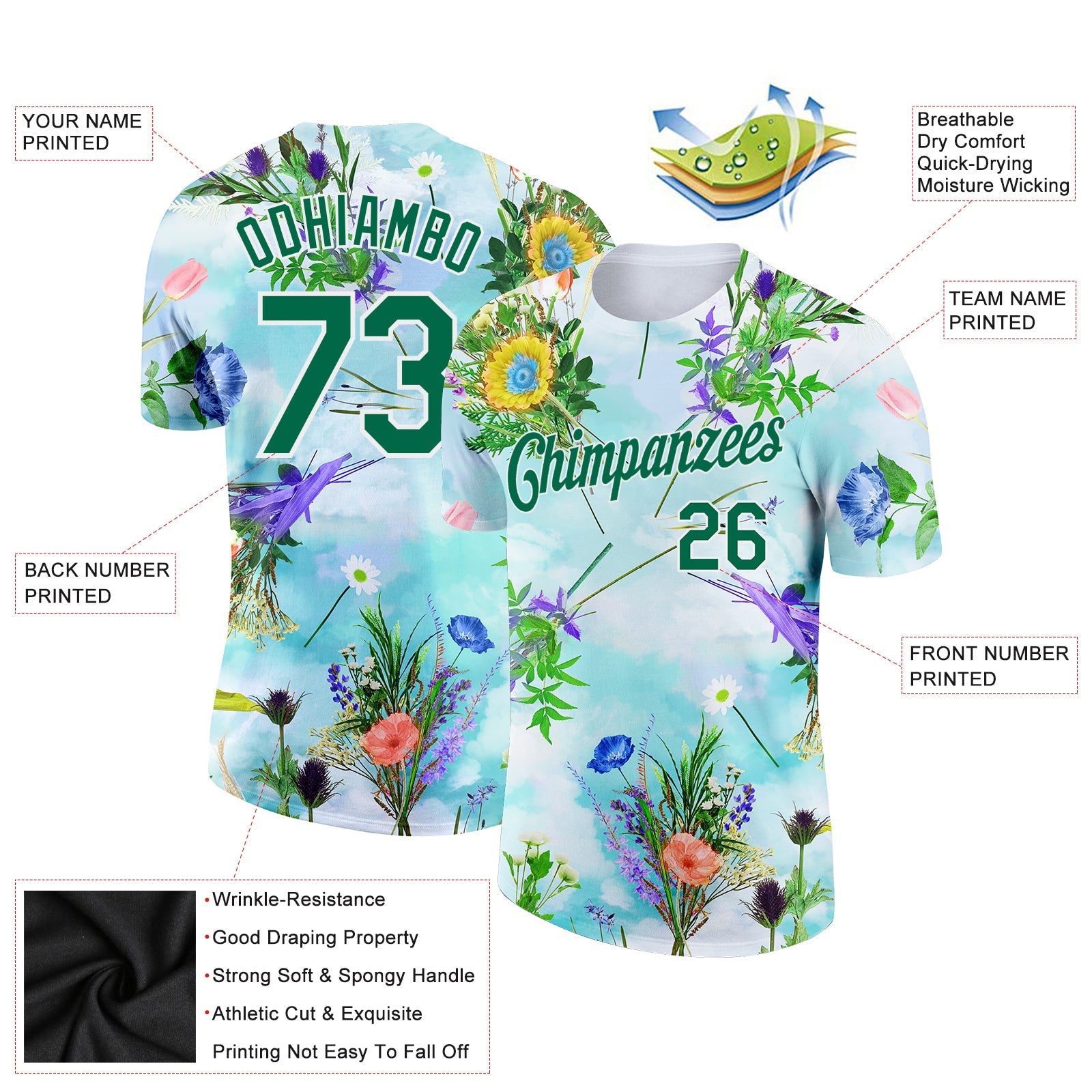 Custom White Kelly Green 3D Pattern Design Flowers Performance T-Shirt view 2