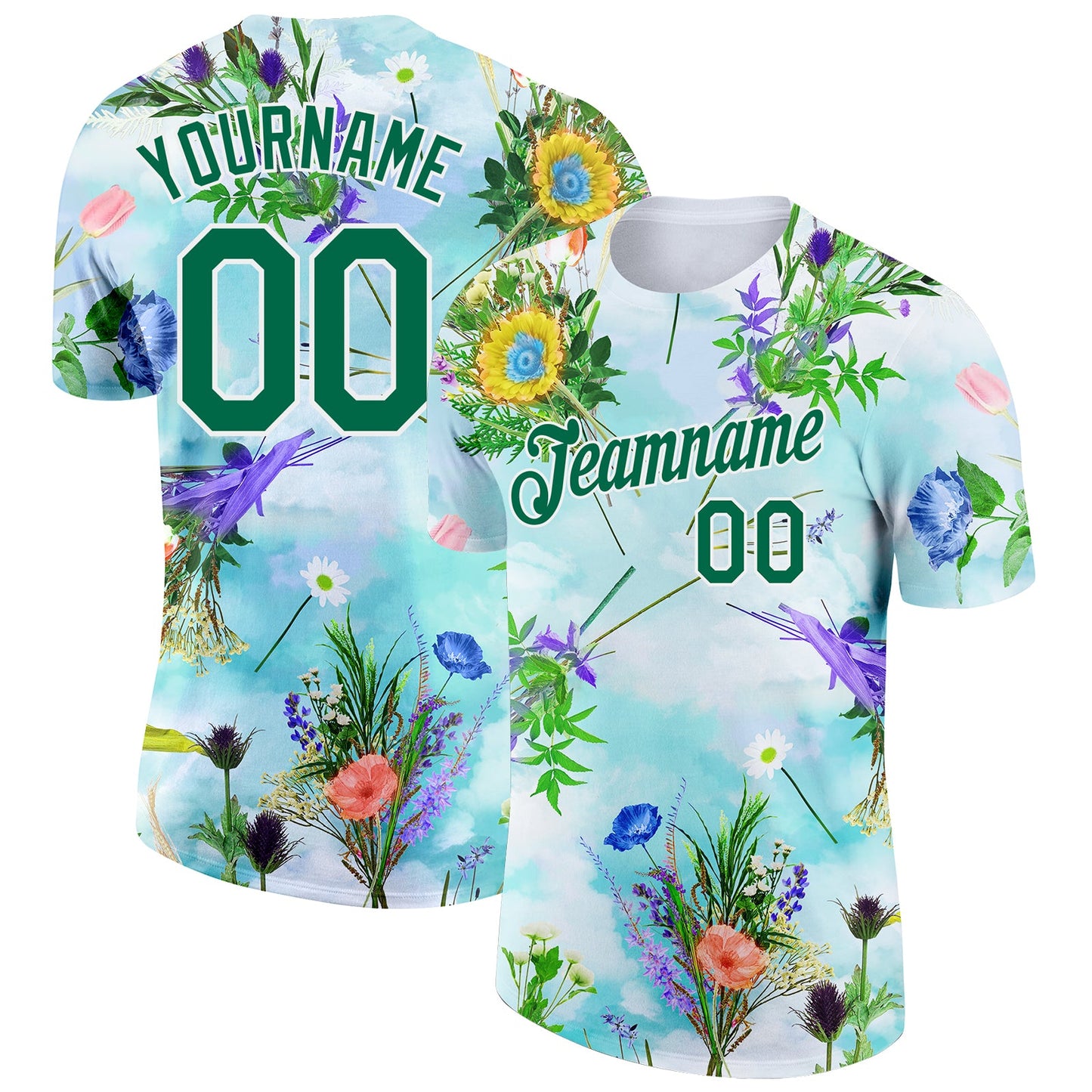 Custom White Kelly Green 3D Pattern Design Flowers Performance T-Shirt - Main View
