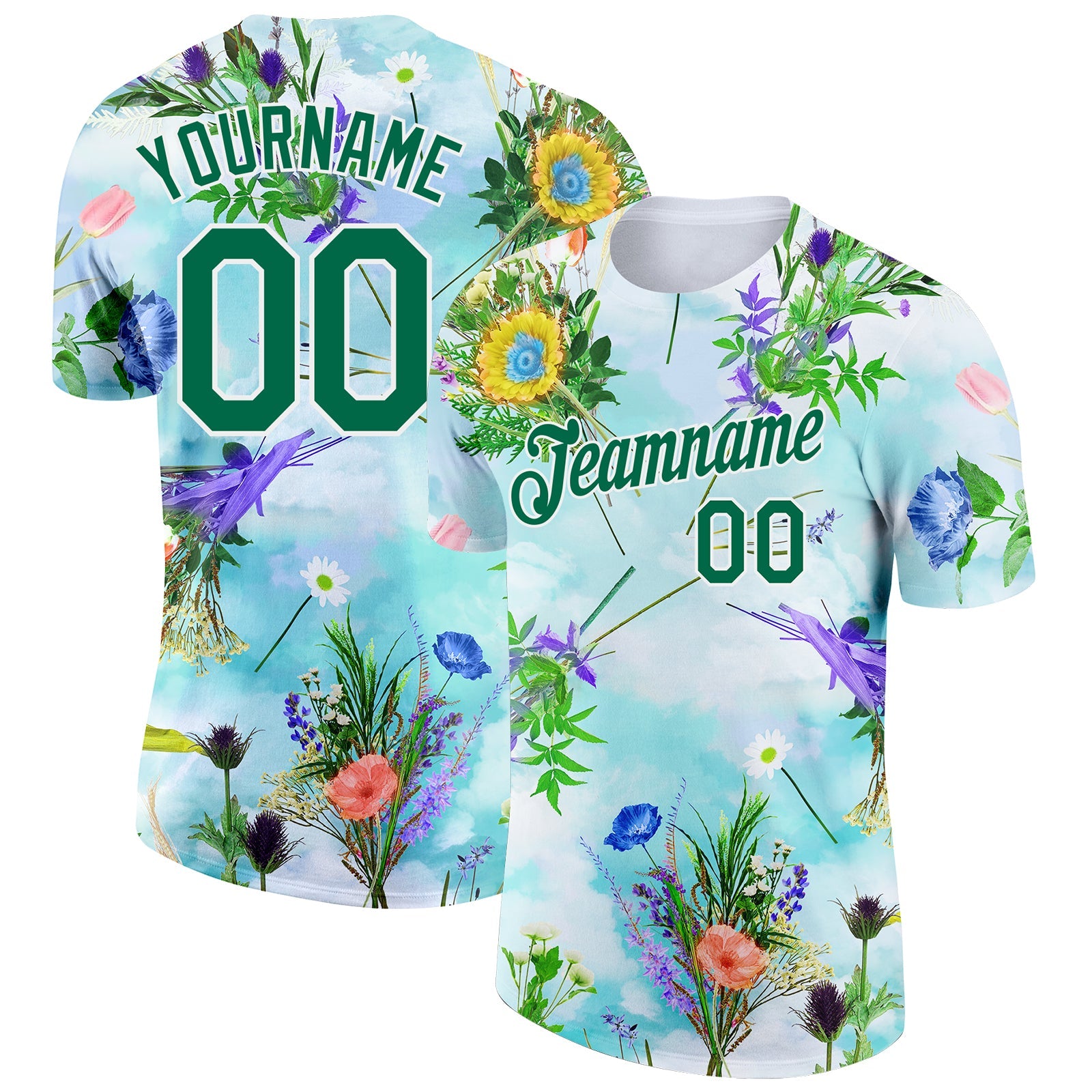 Custom White Kelly Green 3D Pattern Design Flowers Performance T-Shirt - Main View