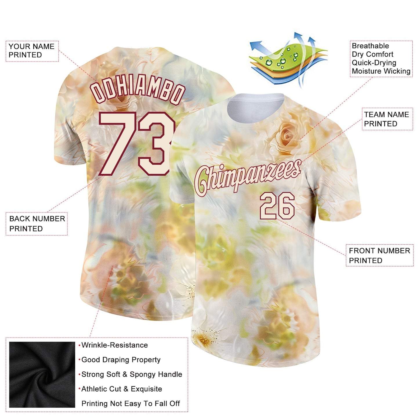 Custom Cream Crimson 3D Pattern Design Flowers Performance T-Shirt view 2