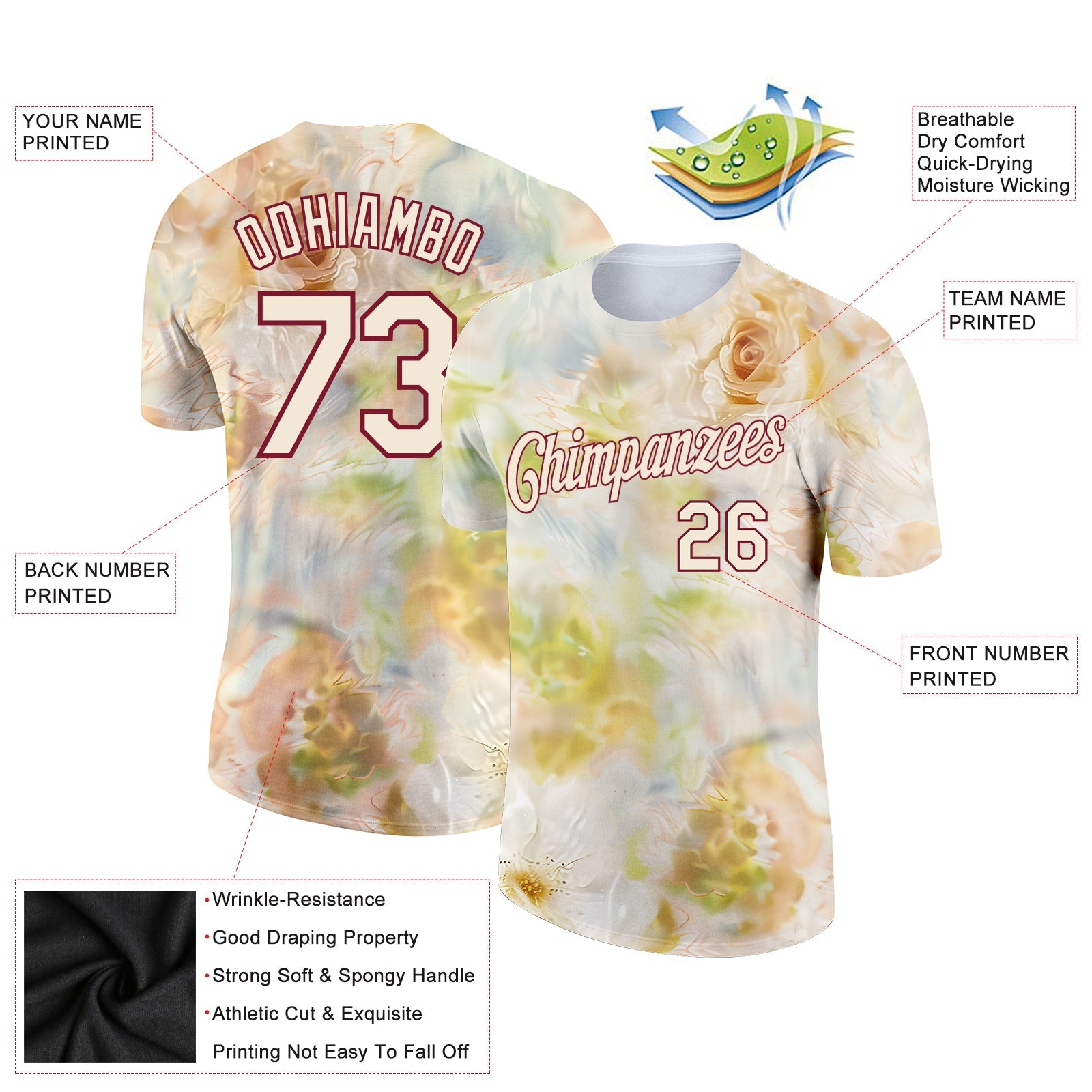 Custom Cream Crimson 3D Pattern Design Flowers Performance T-Shirt view 2