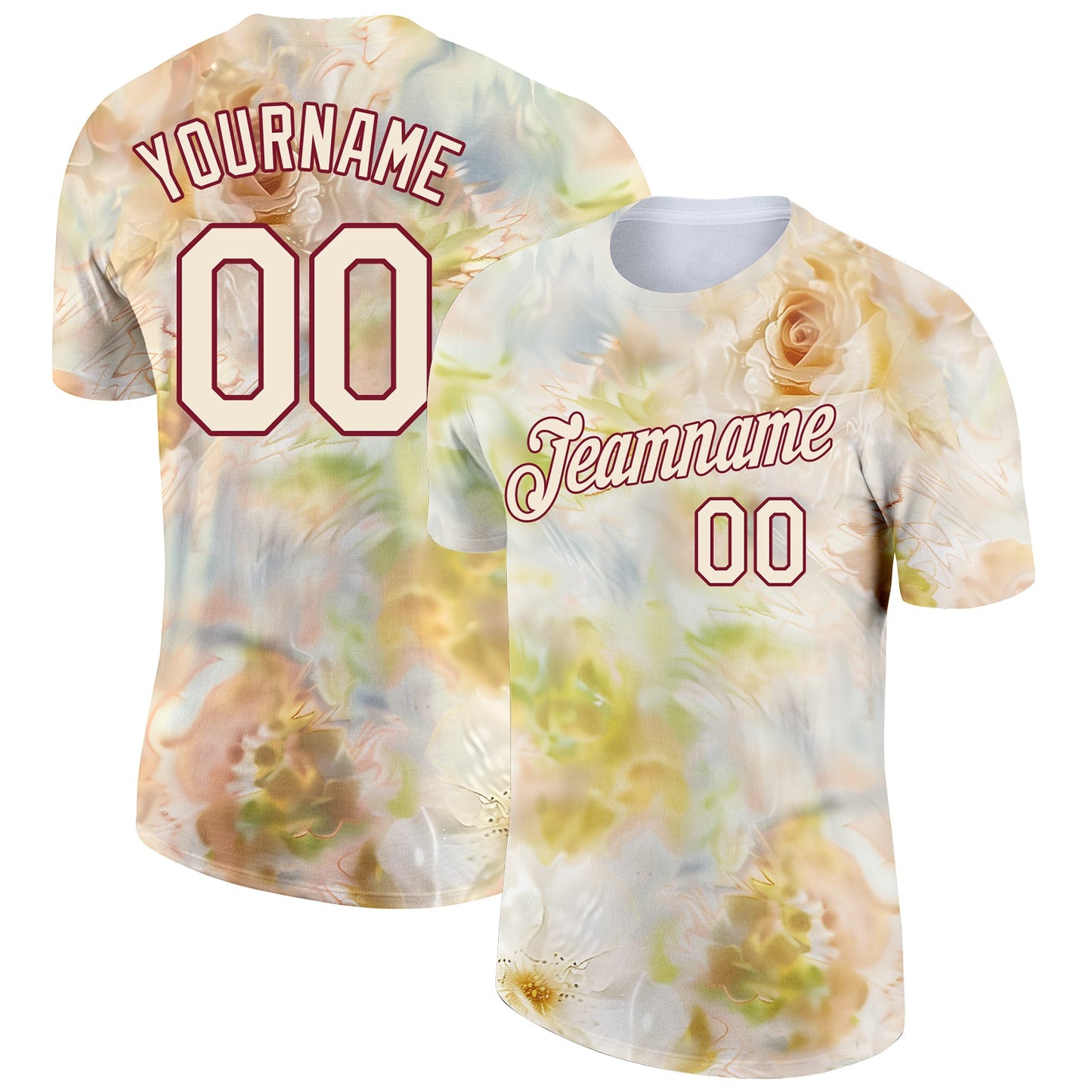 Custom Cream Crimson 3D Pattern Design Flowers Performance T-Shirt - Main View