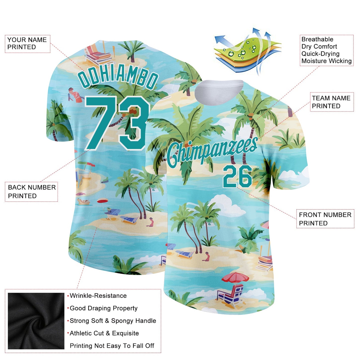 Custom Lakes Blue Teal-White 3D Pattern Design Beach Hawaii Palm Trees Performance T-Shirt view 2