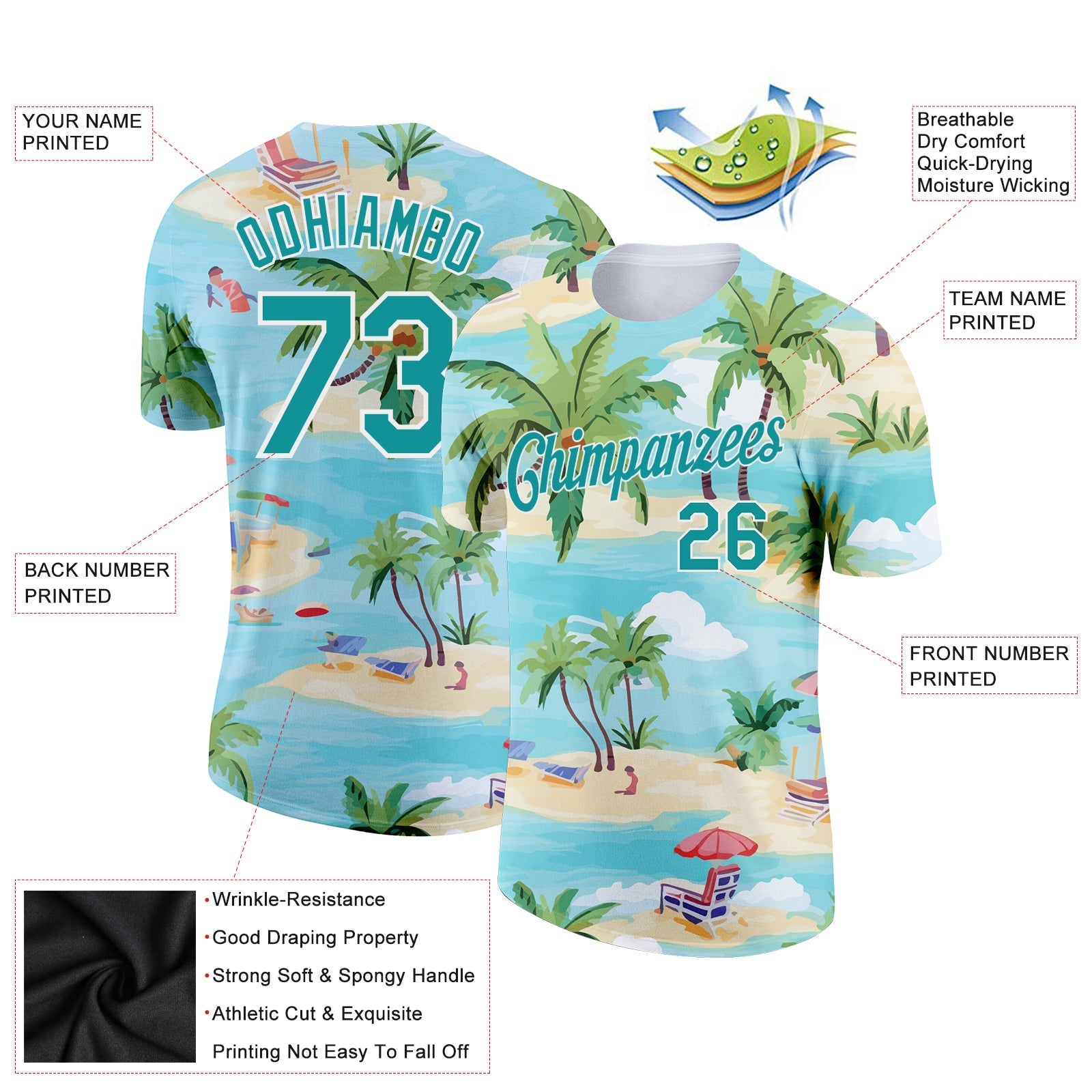 Custom Lakes Blue Teal-White 3D Pattern Design Beach Hawaii Palm Trees Performance T-Shirt view 2