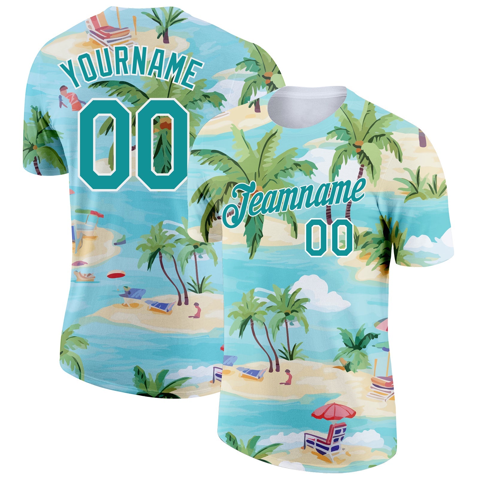 Custom Lakes Blue Teal-White 3D Pattern Design Beach Hawaii Palm Trees Performance T-Shirt - Main View