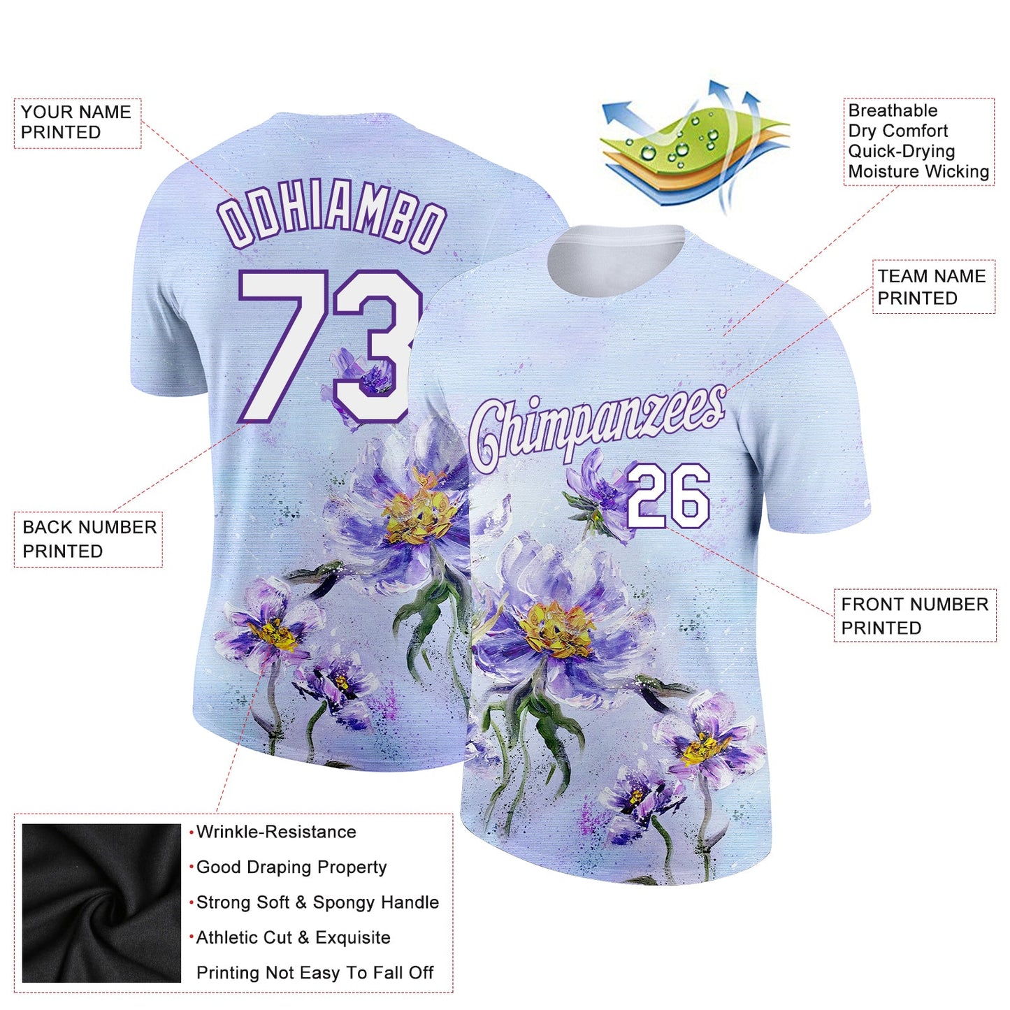 Custom Purple White 3D Pattern Design Flowers Performance T-Shirt view 2
