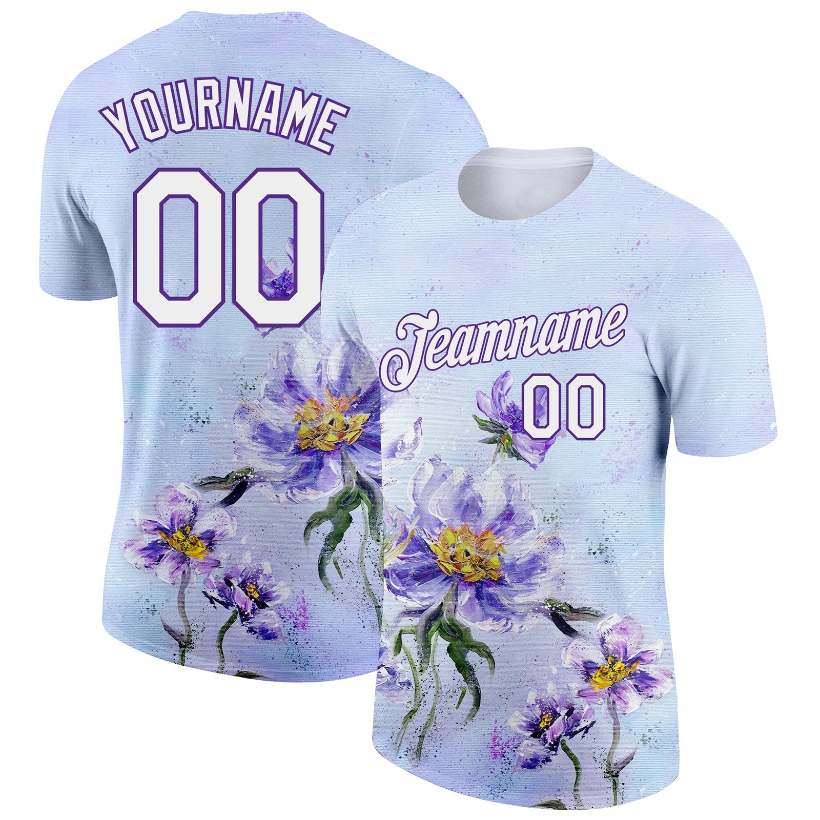 Custom Purple White 3D Pattern Design Flowers Performance T-Shirt - Main View