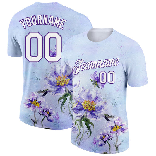 Custom Purple White 3D Pattern Design Flowers Performance T-Shirt - Main View