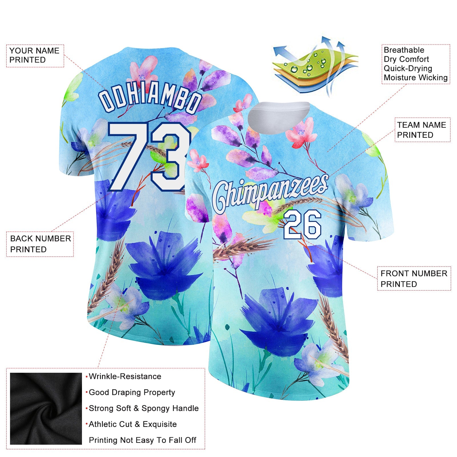 Custom Lakes Blue White-Royal 3D Pattern Design Flowers Performance T-Shirt view 2