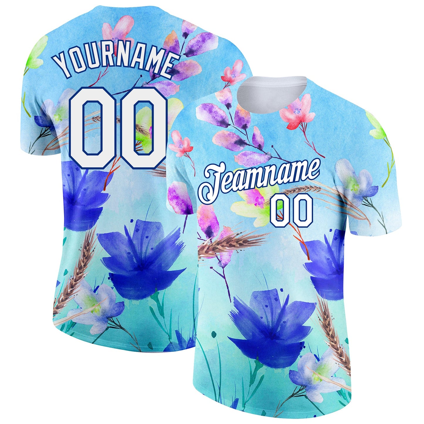 Custom Lakes Blue White-Royal 3D Pattern Design Flowers Performance T-Shirt - Main View