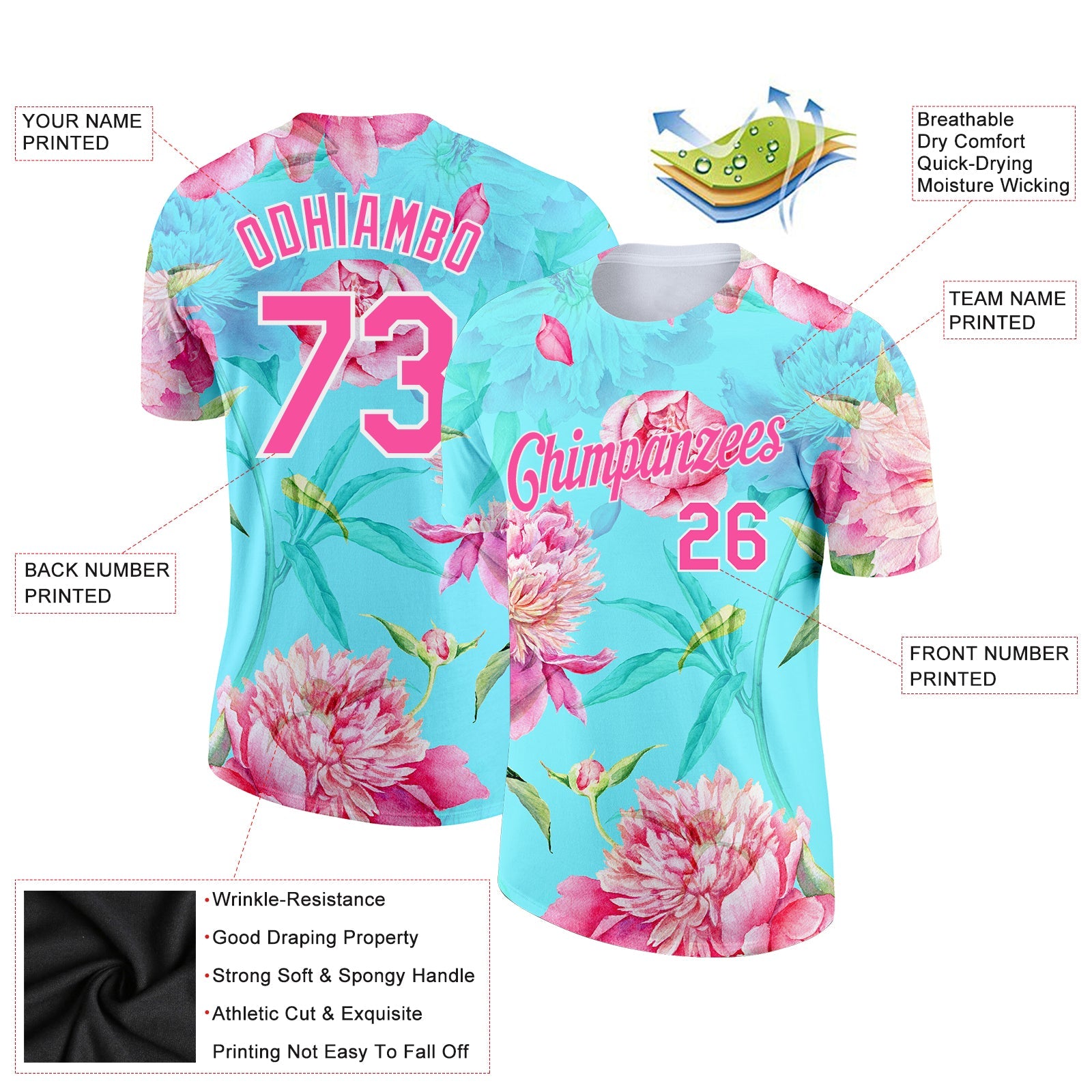 Custom Aqua Pink-White 3D Pattern Design Flowers Performance T-Shirt view 2