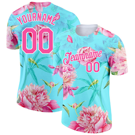 Custom Aqua Pink-White 3D Pattern Design Flowers Performance T-Shirt - Main View