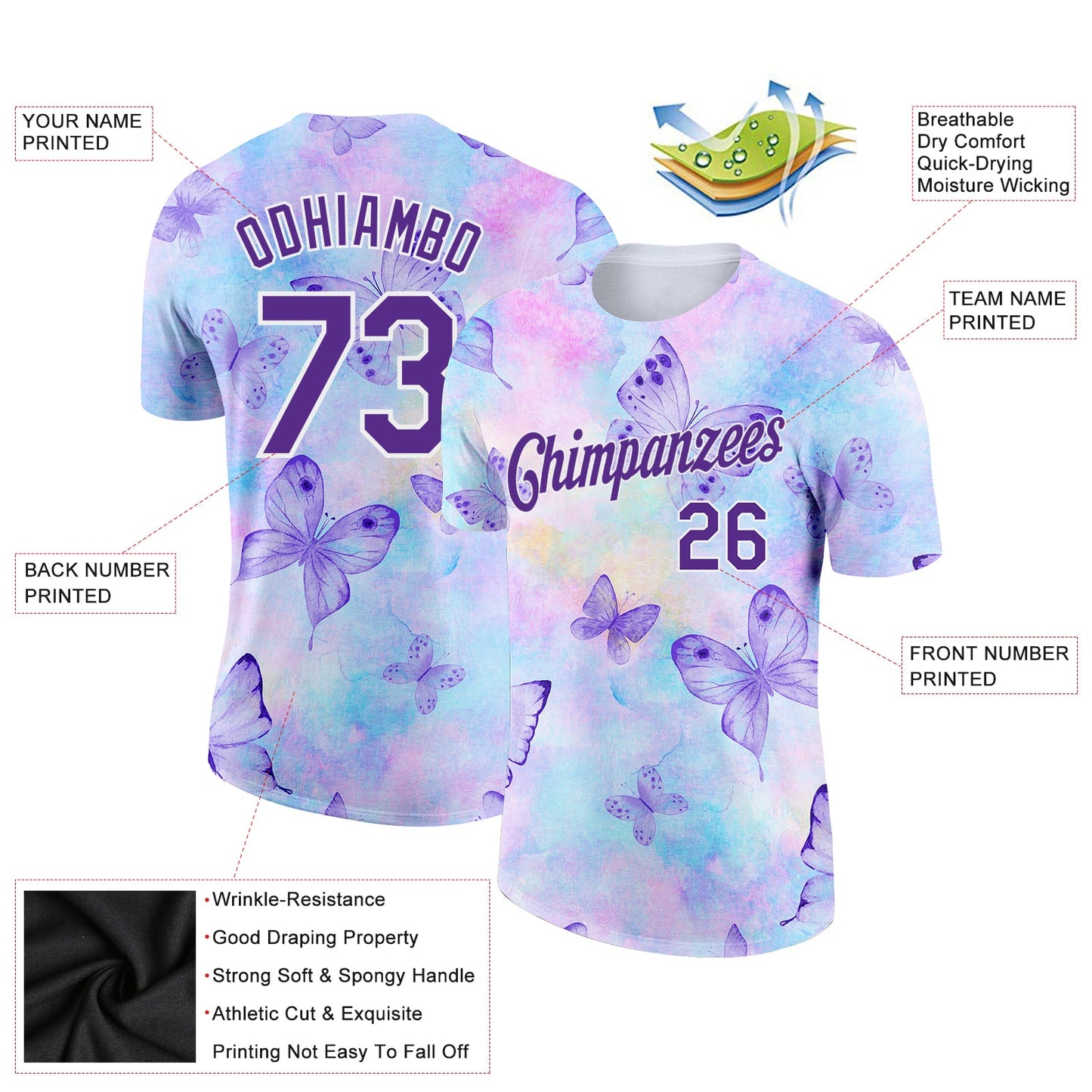 Custom Purple White 3D Pattern Design Butterfly Performance T-Shirt view 2