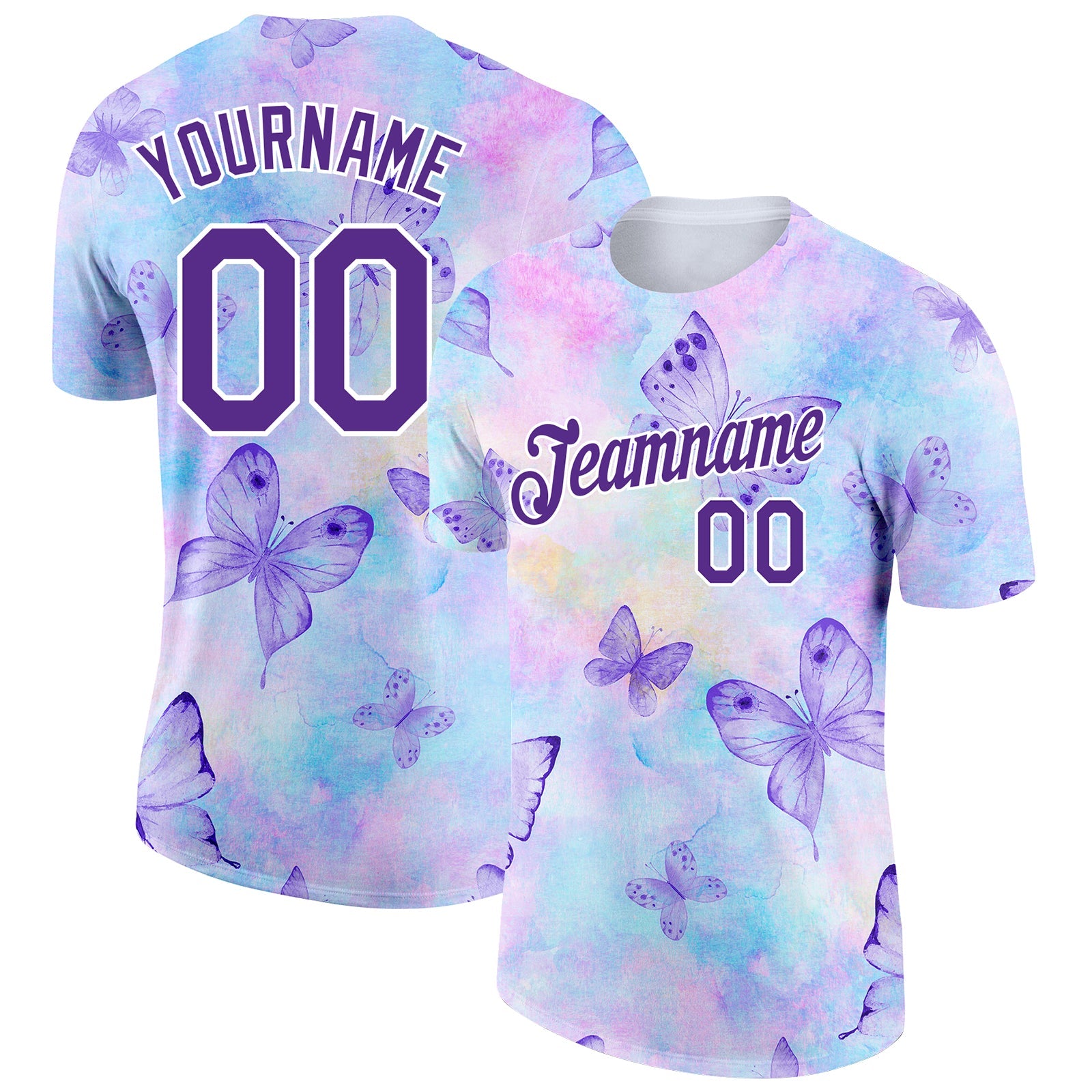 Custom Purple White 3D Pattern Design Butterfly Performance T-Shirt - Main View