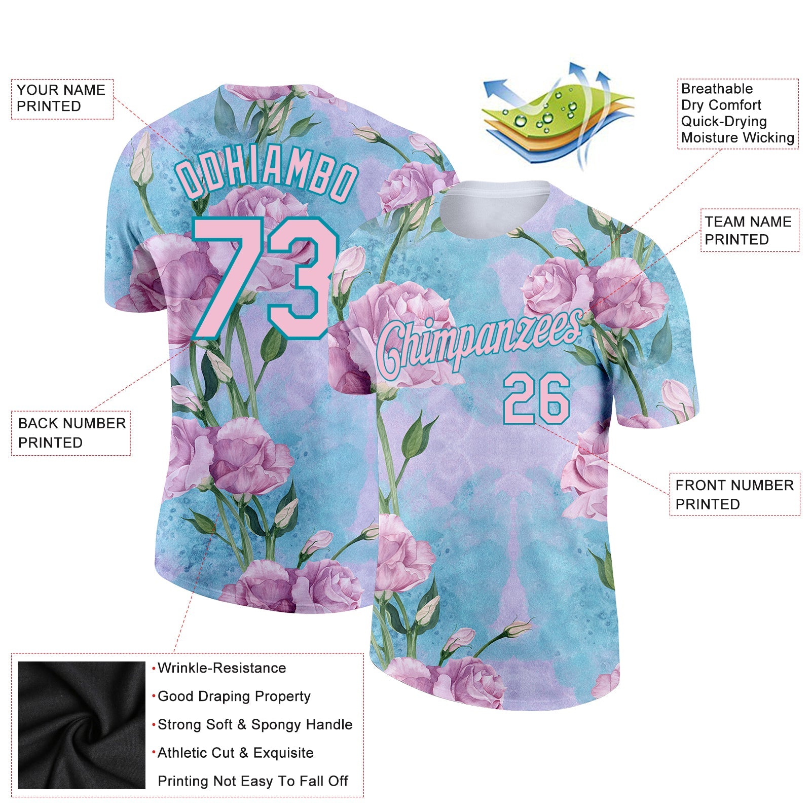 Custom Teal Light Pink 3D Pattern Design Flowers Performance T-Shirt view 2