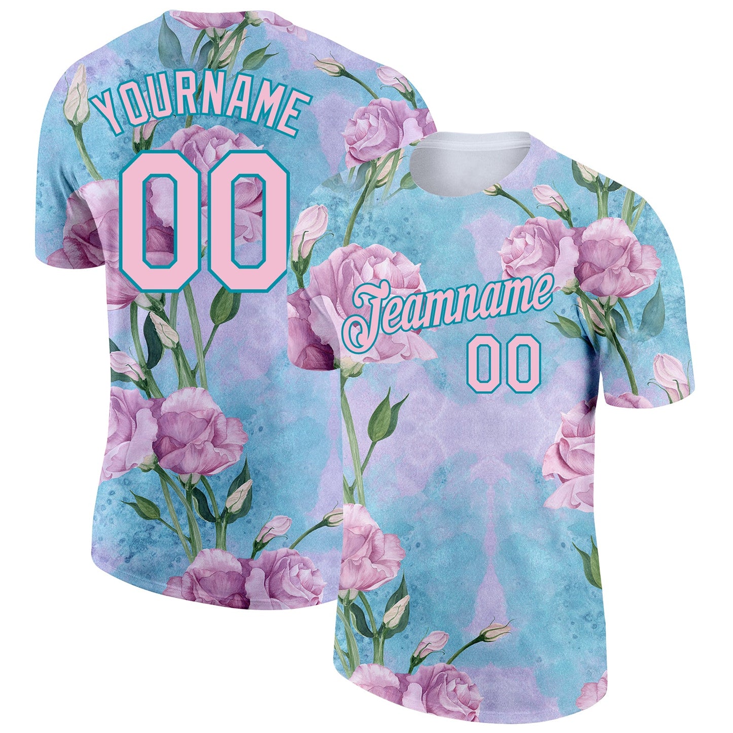 Custom Teal Light Pink 3D Pattern Design Flowers Performance T-Shirt - Main View