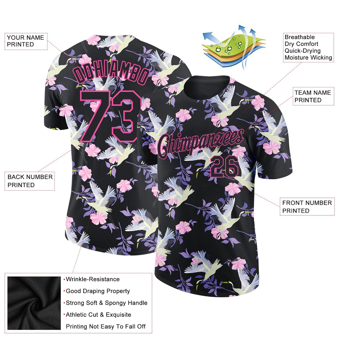 Custom Black Pink 3D Pattern Design Flowers And Crane Performance T-Shirt view 2