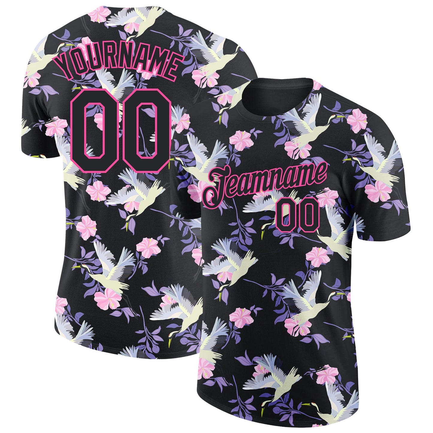 Custom Black Pink 3D Pattern Design Flowers And Crane Performance T-Shirt - Main View