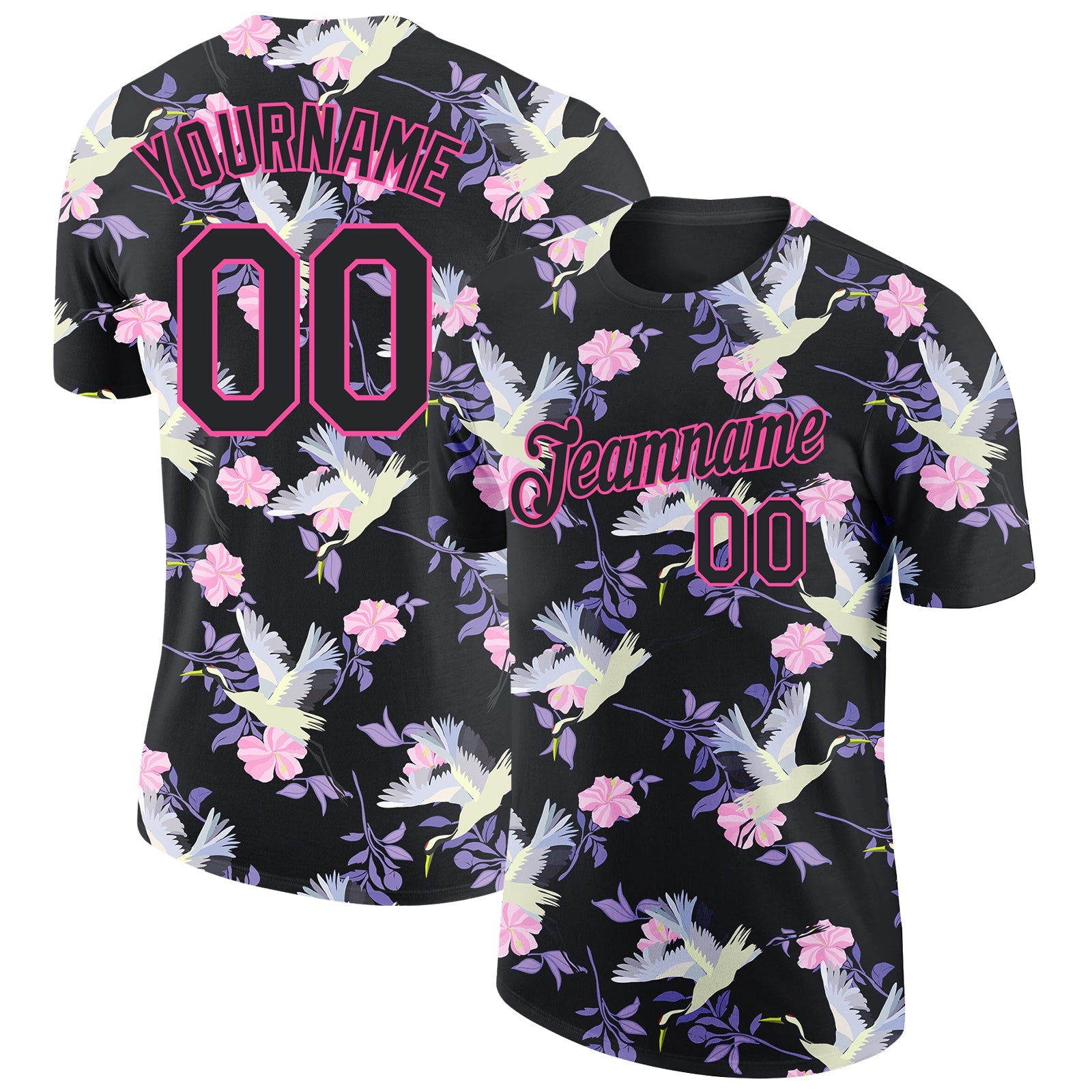 Custom Black Pink 3D Pattern Design Flowers And Crane Performance T-Shirt - Main View