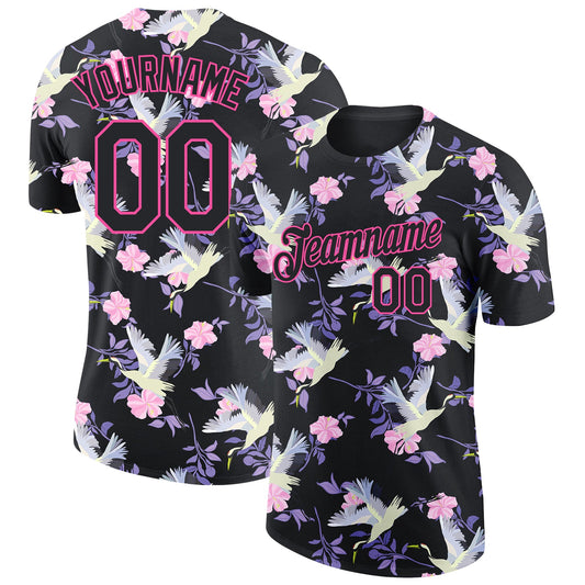 Custom Black Pink 3D Pattern Design Flowers And Crane Performance T-Shirt - Main View