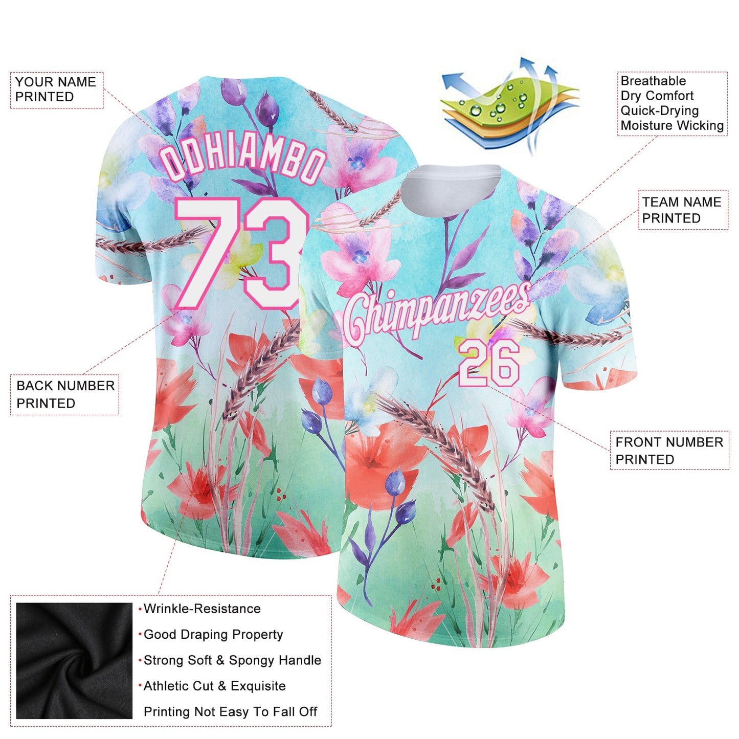 Custom Lakes Blue White-Pink 3D Pattern Design Flowers Performance T-Shirt view 2