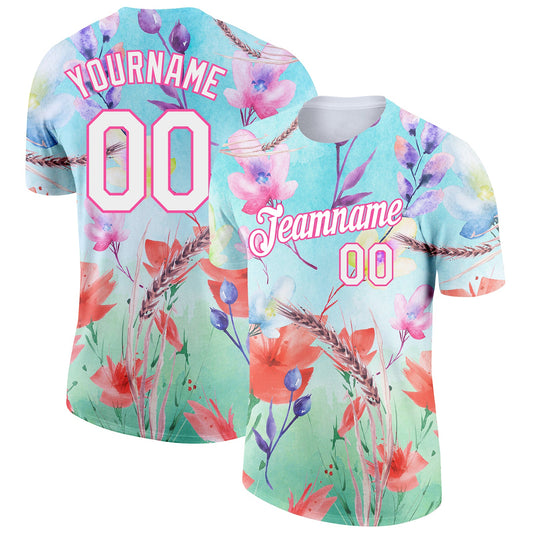 Custom Lakes Blue White-Pink 3D Pattern Design Flowers Performance T-Shirt - Main View