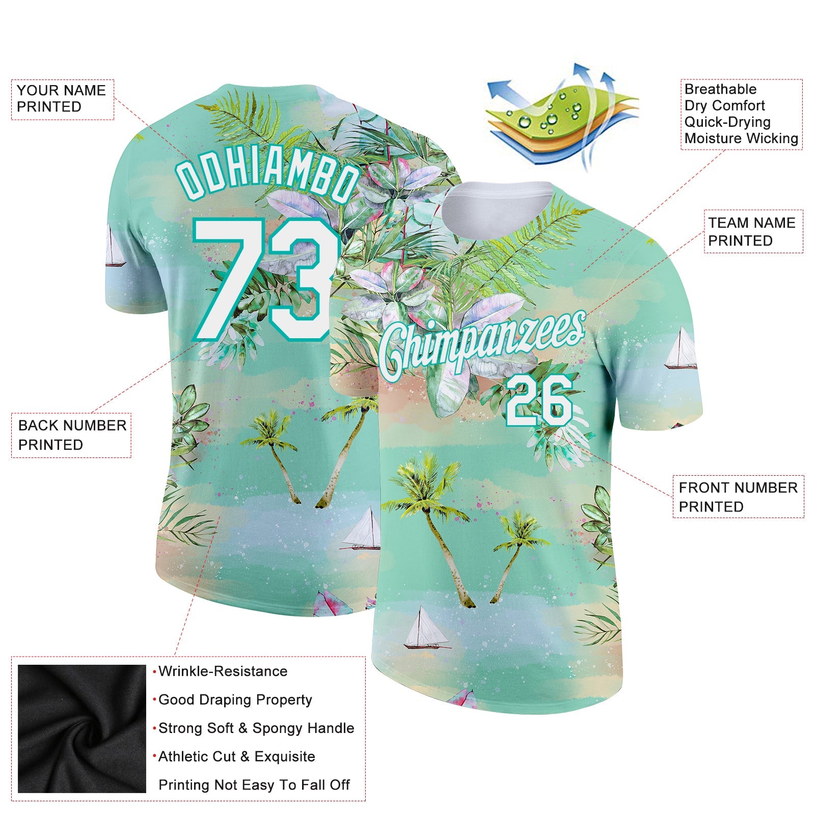 Custom Aqua White 3D Pattern Design Beach Hawaii Palm Trees Performance T-Shirt view 2