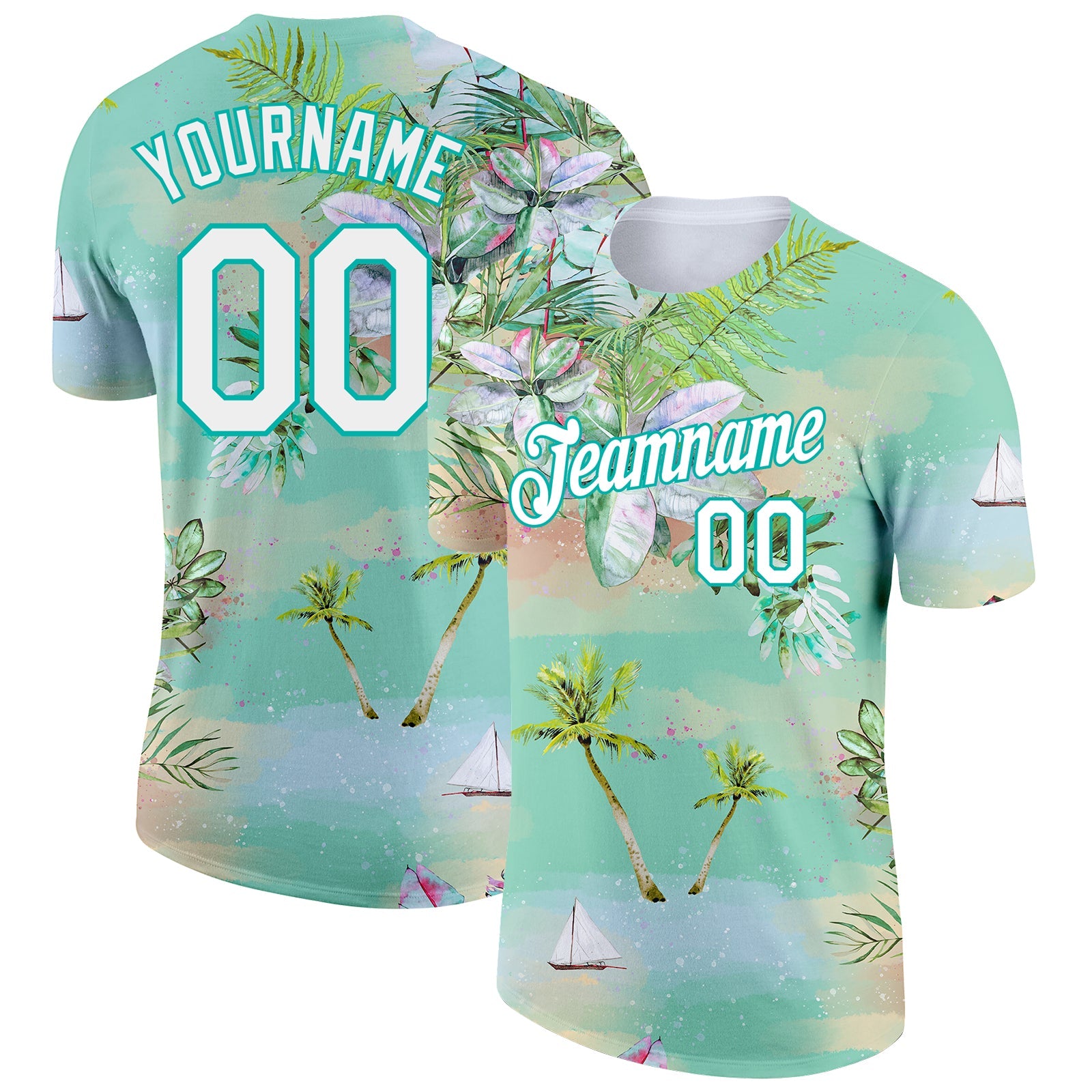 Custom Aqua White 3D Pattern Design Beach Hawaii Palm Trees Performance T-Shirt - Main View