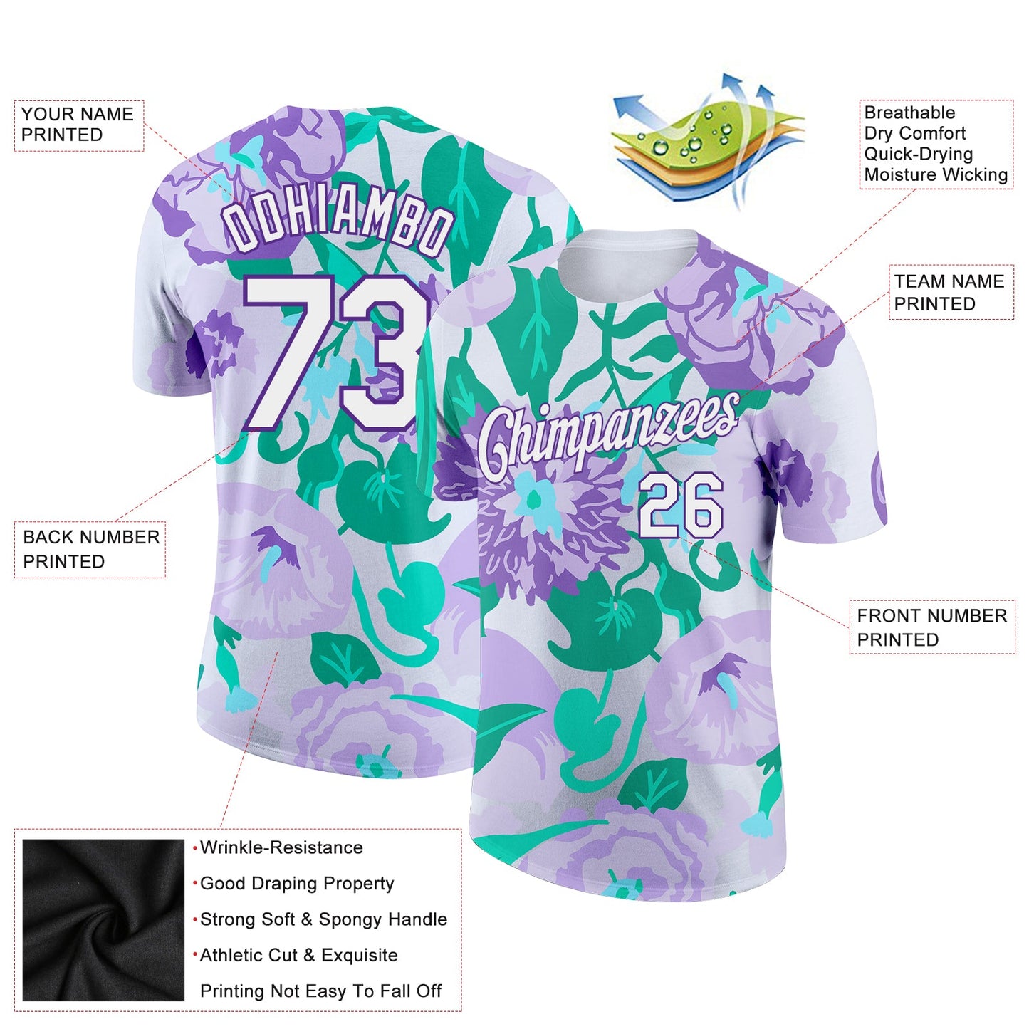 Custom Purple White 3D Pattern Design Flowers Performance T-Shirt view 2
