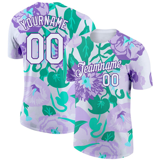 Custom Purple White 3D Pattern Design Flowers Performance T-Shirt - Main View