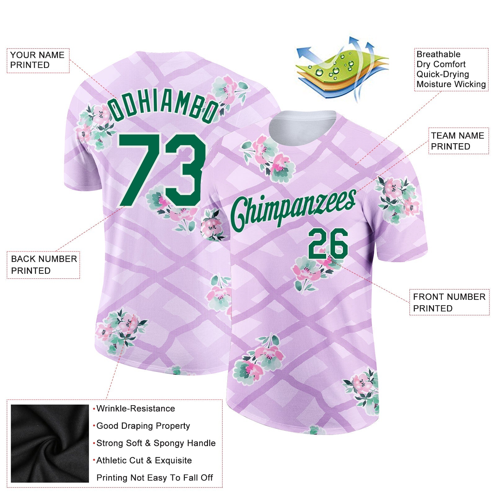 Custom Purple Kelly Green-White 3D Pattern Design Flowers Performance T-Shirt view 2