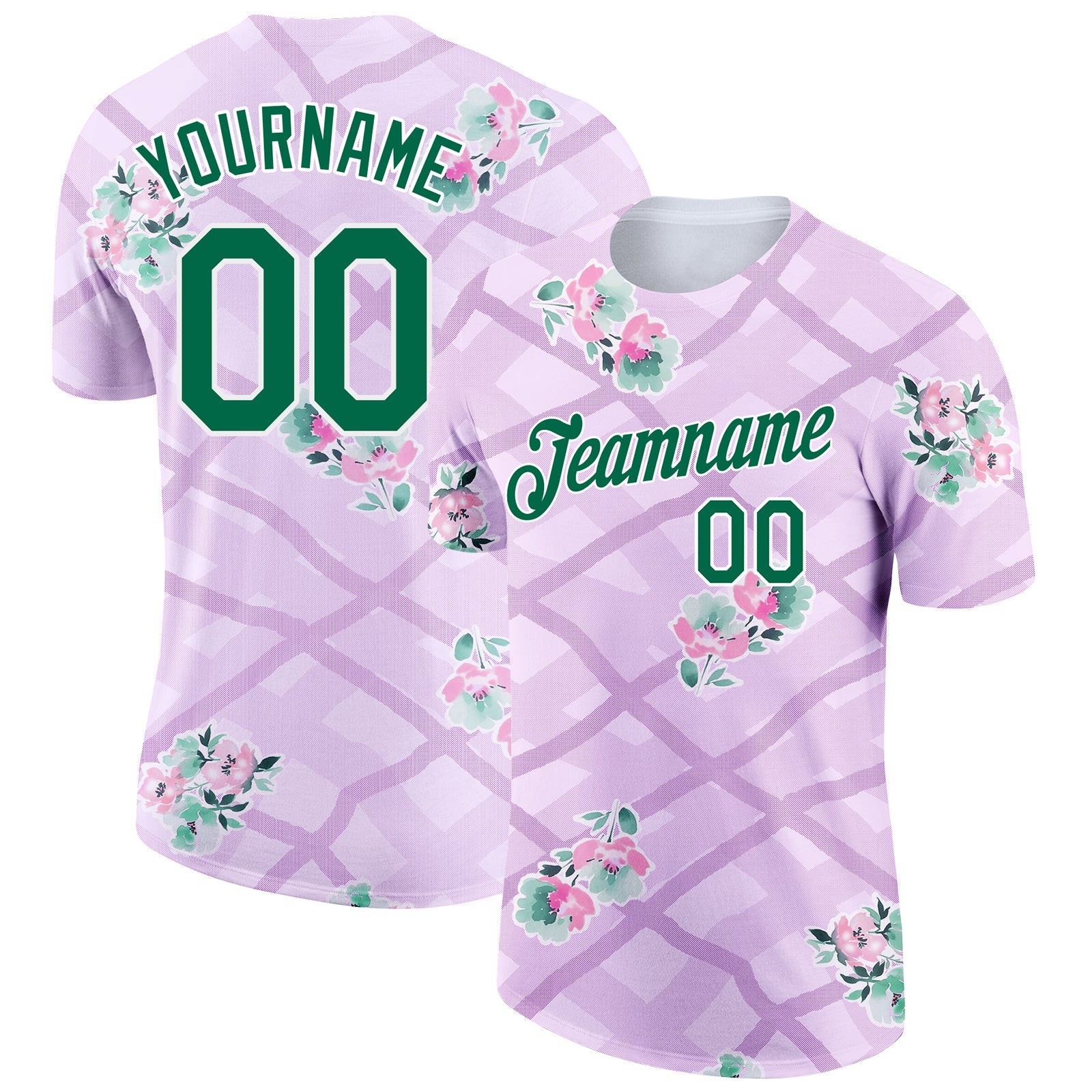 Custom Purple Kelly Green-White 3D Pattern Design Flowers Performance T-Shirt - Main View