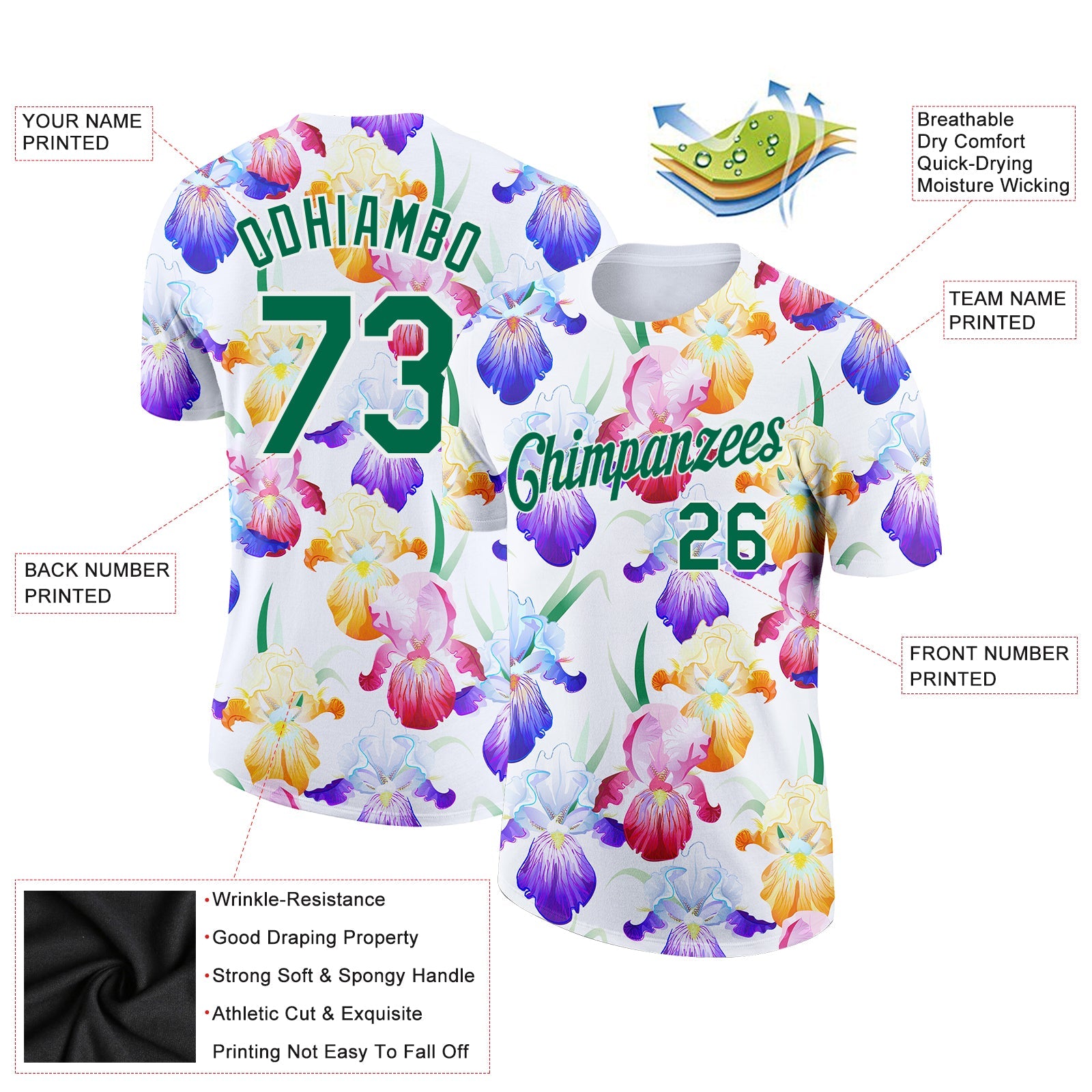 Custom White Kelly Green 3D Pattern Design Flowers Performance T-Shirt view 2