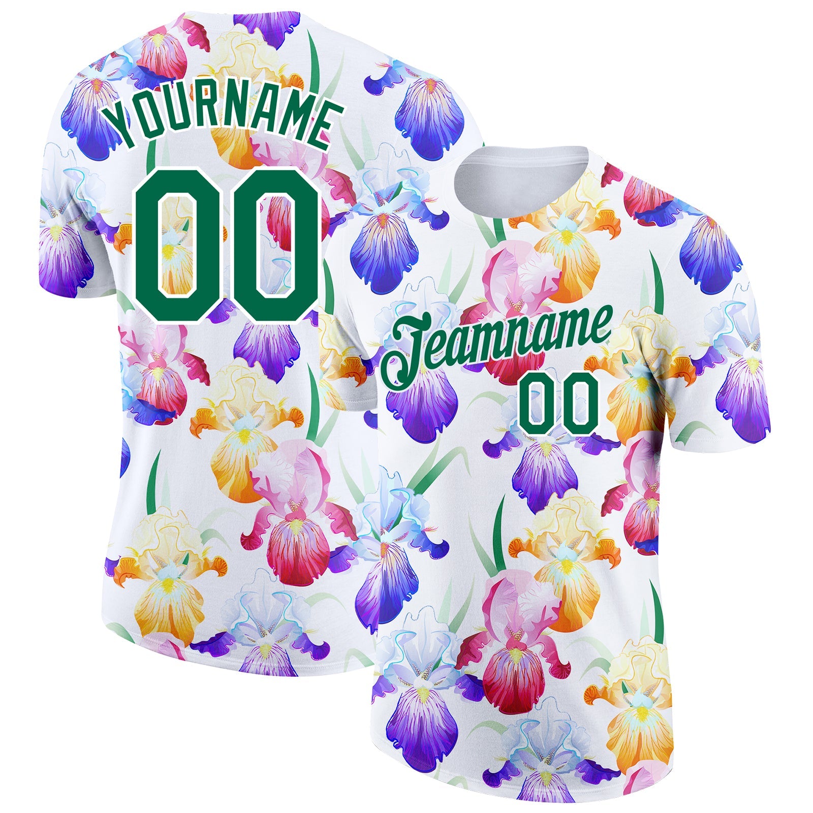 Custom White Kelly Green 3D Pattern Design Flowers Performance T-Shirt - Main View