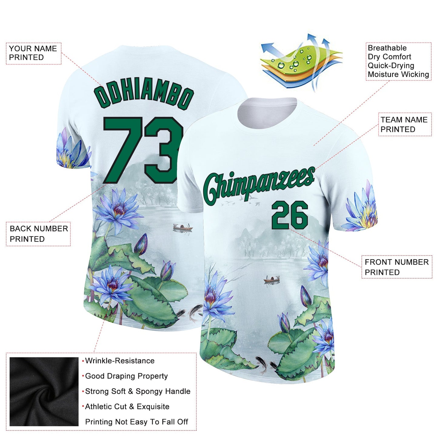 Custom White Kelly Green-Black 3D Pattern Design Flowers Performance T-Shirt view 2