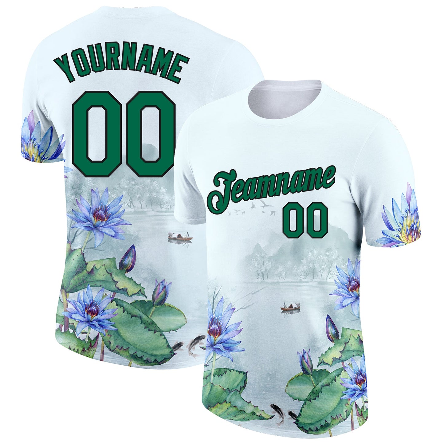 Custom White Kelly Green-Black 3D Pattern Design Flowers Performance T-Shirt - Main View