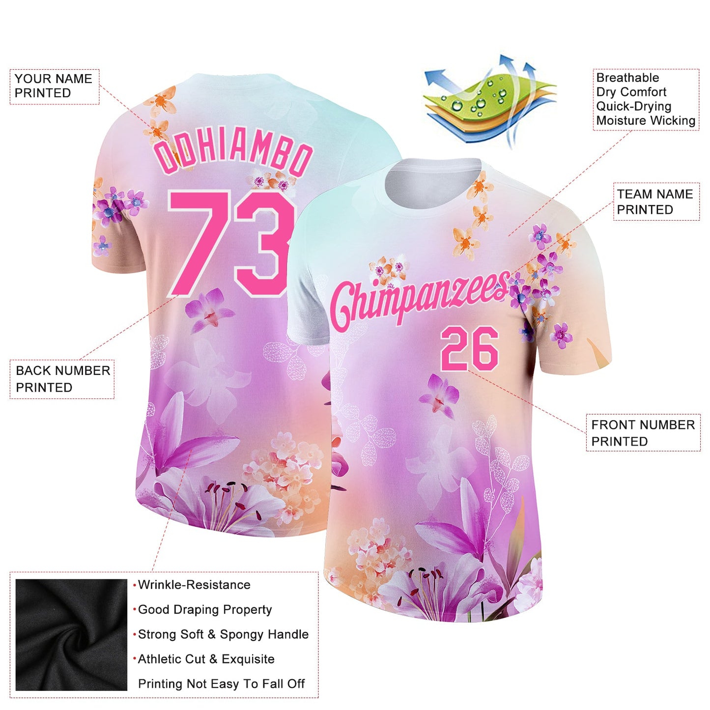 Custom Pink White 3D Pattern Design Flowers Performance T-Shirt view 2