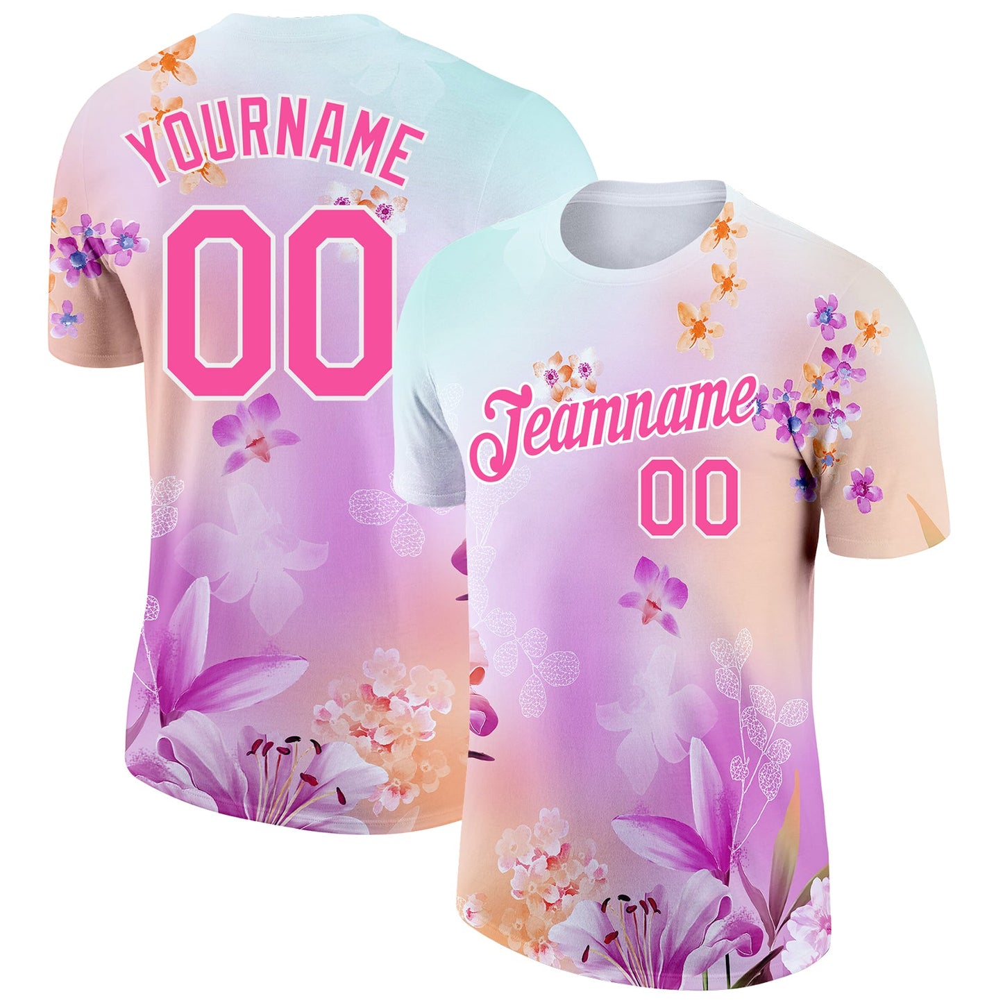 Custom Pink White 3D Pattern Design Flowers Performance T-Shirt - Main View