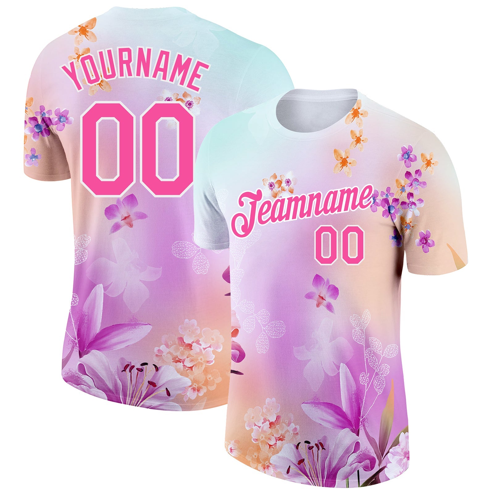 Custom Pink White 3D Pattern Design Flowers Performance T-Shirt - Main View