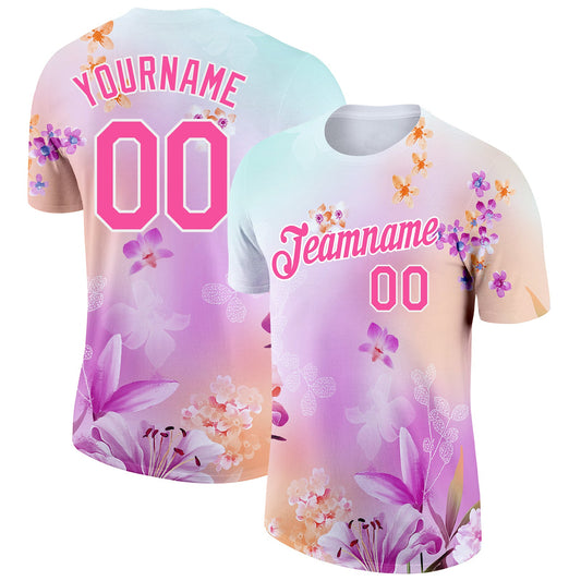 Custom Pink White 3D Pattern Design Flowers Performance T-Shirt - Main View