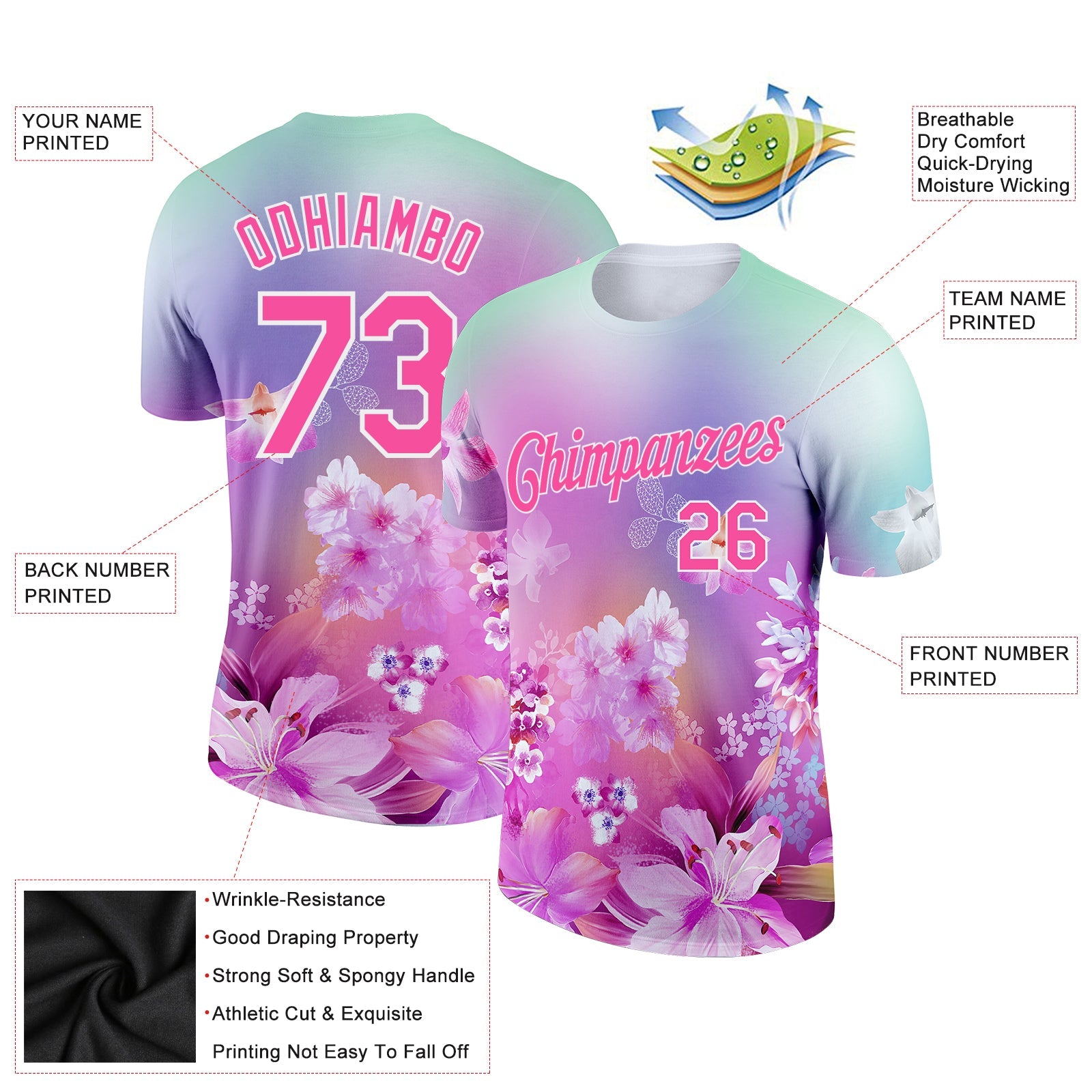 Custom Pink White 3D Pattern Design Flowers Performance T-Shirt view 2