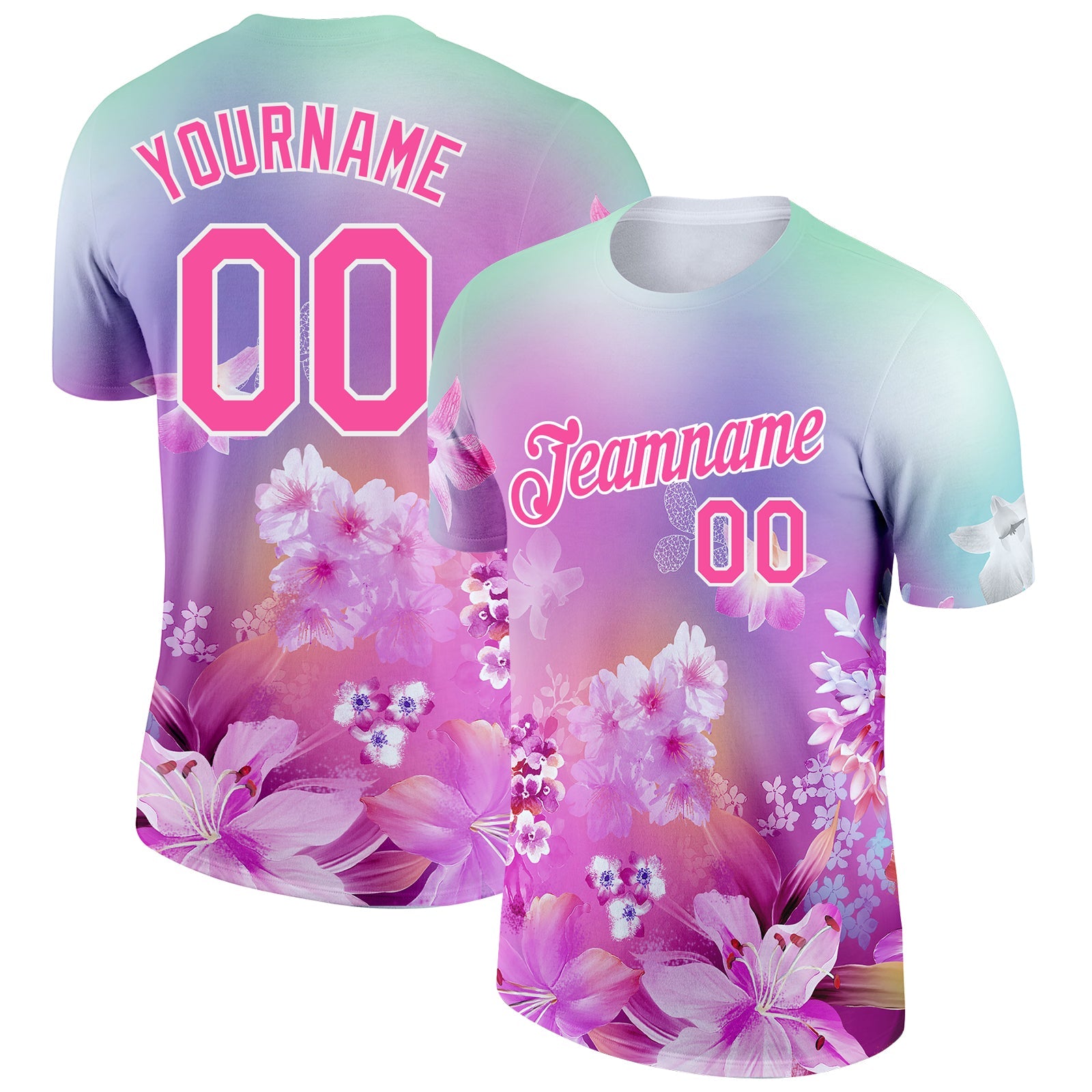 Custom Pink White 3D Pattern Design Flowers Performance T-Shirt - Main View