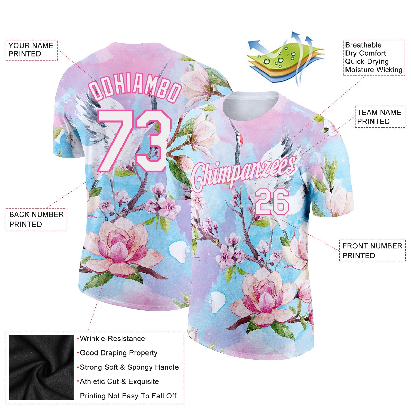 Custom Pink White 3D Pattern Design Flowers Performance T-Shirt view 2