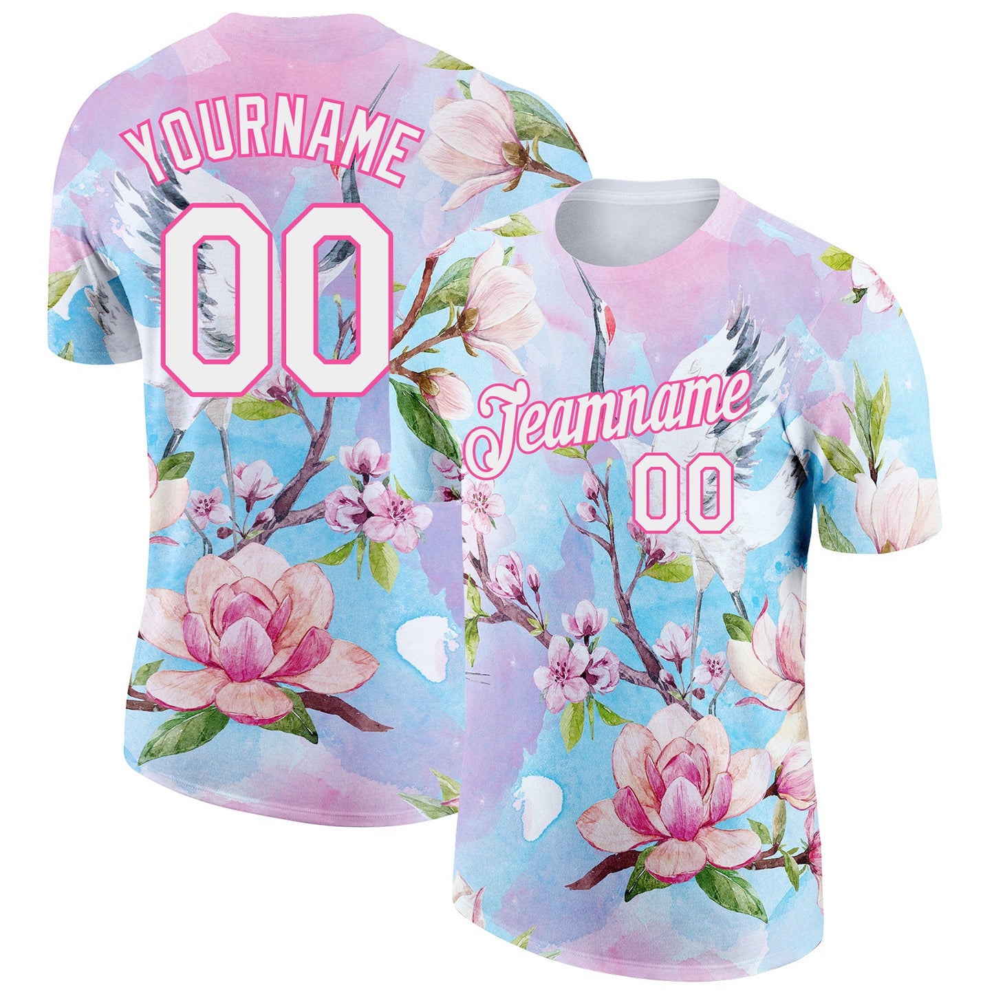 Custom Pink White 3D Pattern Design Flowers Performance T-Shirt - Main View