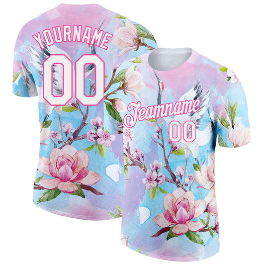 Custom Pink White 3D Pattern Design Flowers Performance T-Shirt - Main View