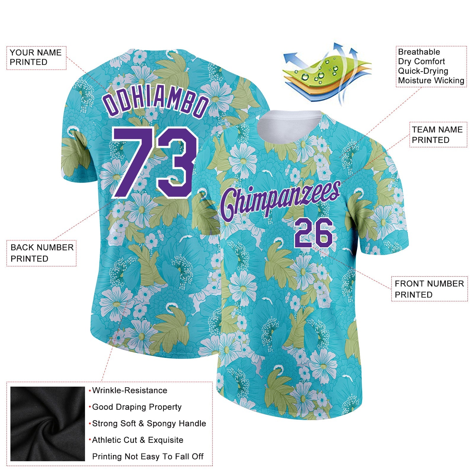 Custom Teal Purple-White 3D Pattern Design Flowers Performance T-Shirt view 2