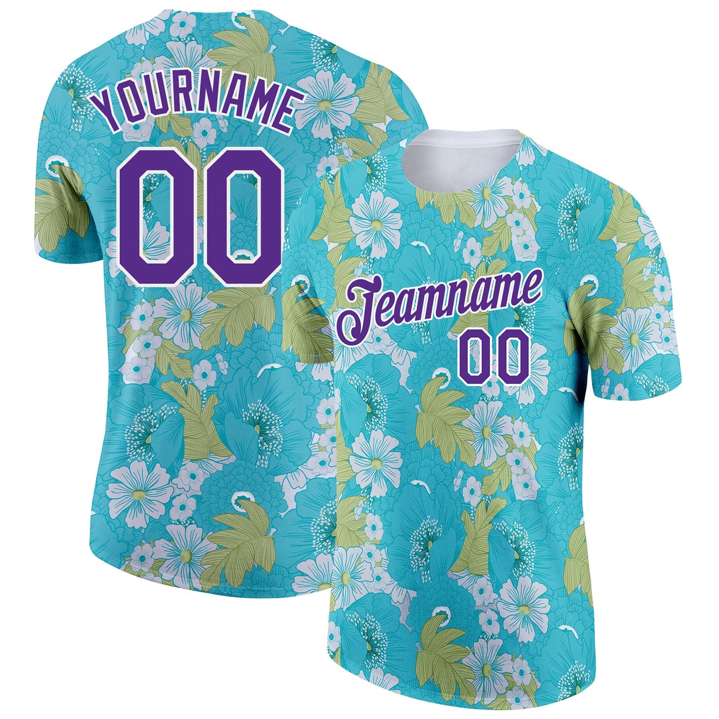 Custom Teal Purple-White 3D Pattern Design Flowers Performance T-Shirt - Main View